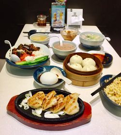 Close-up of food served on table