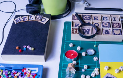 High angle view of various objects on table