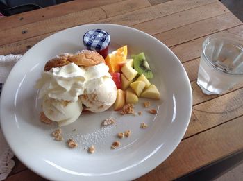 High angle view of food served in plate on table