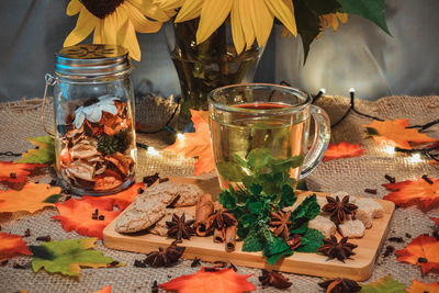 Close-up of flowers on table