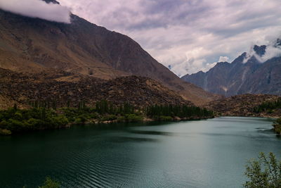 Scenic view of lake and mountains against sky