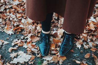 Low section of man standing on autumn leaves