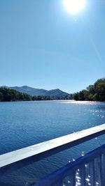 Scenic view of lake against clear blue sky