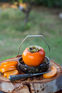 High angle view of orange on table