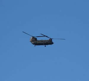 Low angle view of boeing ch-47 chinook flying clear blue sky