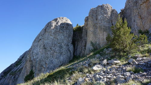 Low angle view of rock formation against clear sky