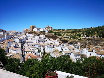 High angle view of townscape against clear blue sky