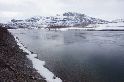 Scenic view of frozen lake against snowcapped mountain