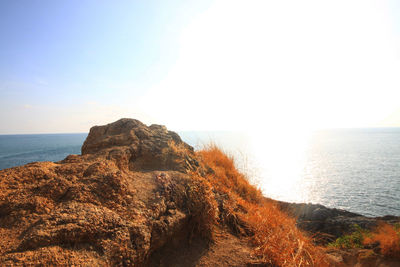 Rock formations on shore against clear sky