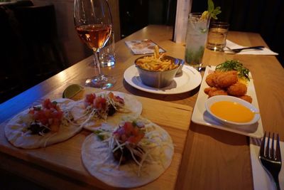 High angle view of food served on table