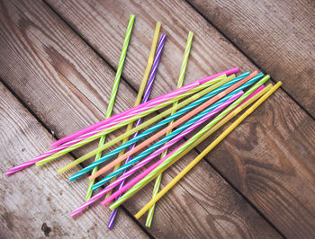 High angle view of multi colored pencils on table