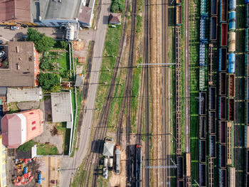 Top view on the railroad sorting station. cargo wagons with goods on railway station. 