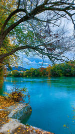 Scenic view of lake against blue sky