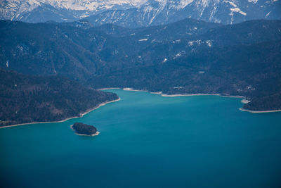 High angle view of sea and mountains