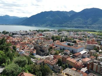 High angle view of houses in town