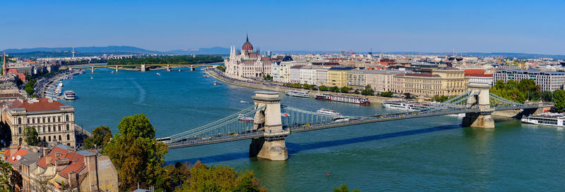 High angle view of bridge over river against buildings