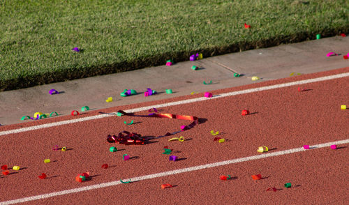 High angle view of trackfield with confetti