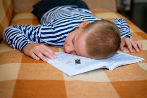 Boy fell asleep while lying on the couch reading a book or doing homework.