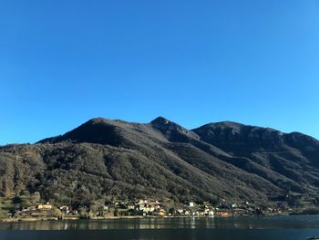 Scenic view of sea and mountains against clear blue sky