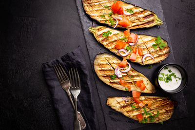 High angle view of food on table