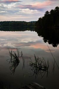 Scenic view of lake against sky at sunset