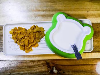 High angle view of bread in plate on table