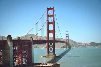 Golden gate bridge in city against clear sky