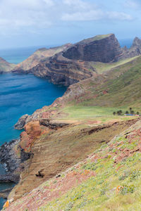 Scenic view of sea and mountains against sky