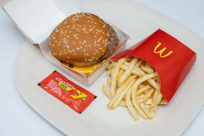 High angle view of burger on table