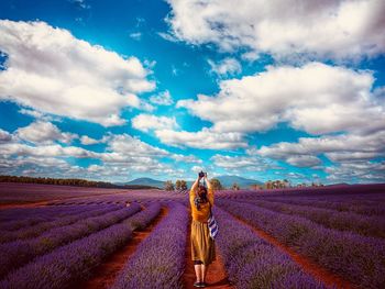 Rear view of woman standing on lavender field against sky