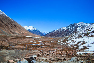 Scenic view of snowcapped mountains against clear blue sky