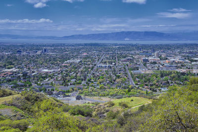 Provo landscape and utah lake bonneville shoreline trail bst wasatch front rocky mountains. usa