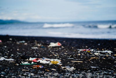 High angle view of garbage on beach