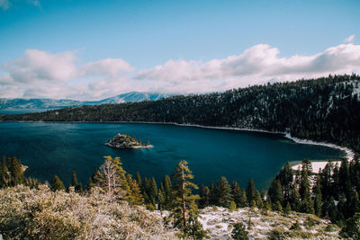 Scenic view of lake against cloudy sky