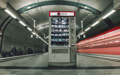 Low angle view of illuminated subway station