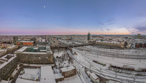 High angle view of buildings in city during winter