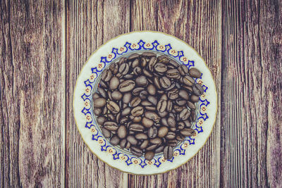 High angle view of coffee in plate on table