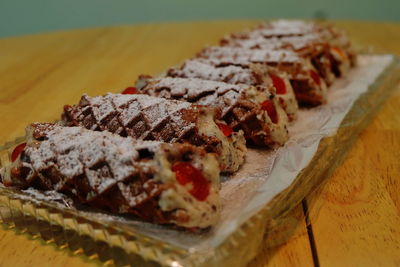 Close-up of dessert served on table