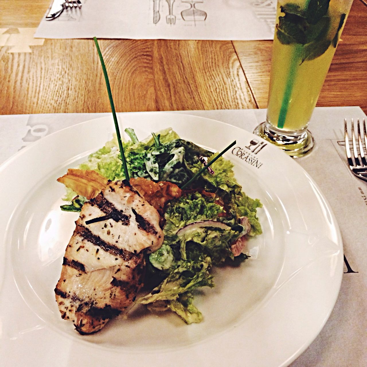 food and drink, indoors, table, food, freshness, plate, still life, ready-to-eat, healthy eating, fork, high angle view, serving size, drink, refreshment, close-up, served, meal, indulgence, leaf, drinking glass