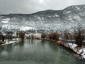 Scenic view of lake and mountains against sky