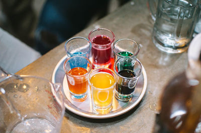 High angle view of drink in glass on table