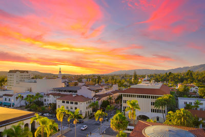 High angle view of townscape against sky during sunset