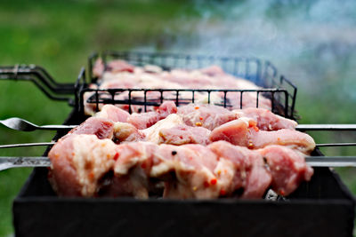 Close-up of meat on barbecue grill