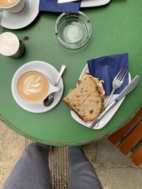 High angle view of breakfast on table
