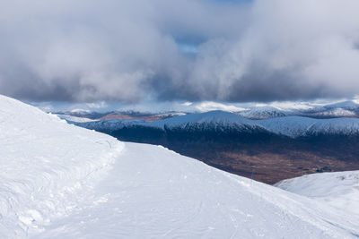 Scenic view of snow covered mountains against cloudy sky