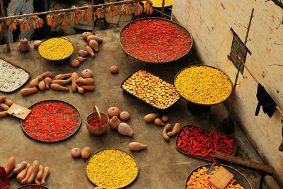 High angle view of various food on building terrace