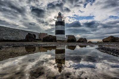 Lighthouse by sea against sky