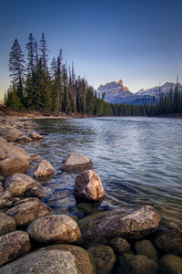 Scenic view of castle mountain and bow river in banff national park 