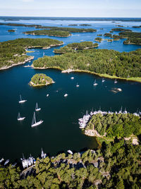 Aerial view over archipelago in stockholm, sweden. scenic view of sea against sky