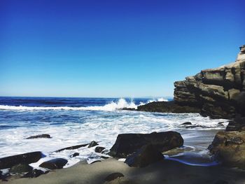 Scenic view of sea against clear blue sky